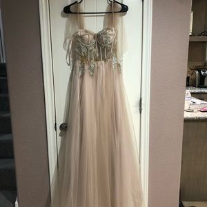 Ball gown dress, Size 1. Color is rose gold. From Dillard’s.
